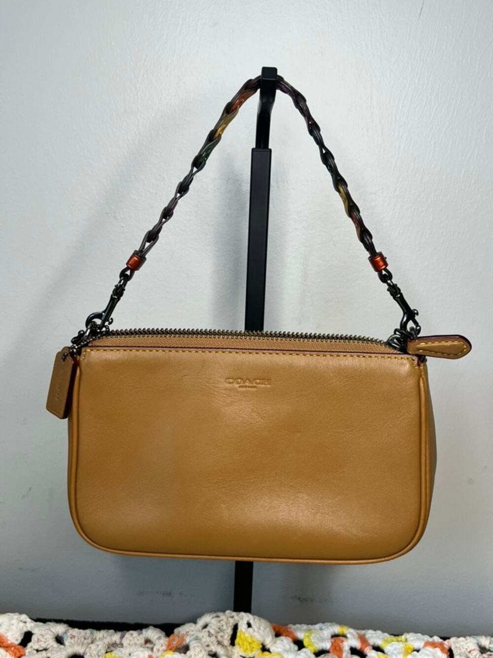 Coach Tan Glovetanned Leather Shoulder Bag with Multicolor Chain Strap